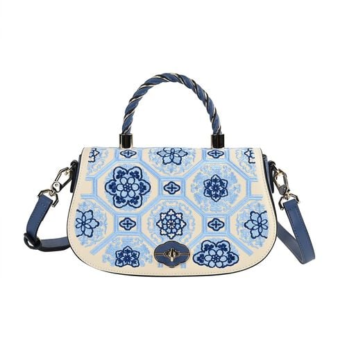 GRAND PELLE - Umhängetasche aus echtem Leder mit Blumen-Gitterstickerei, mit Henkel und Schulterriemen, 23x9x13?cm, Blau image number 0