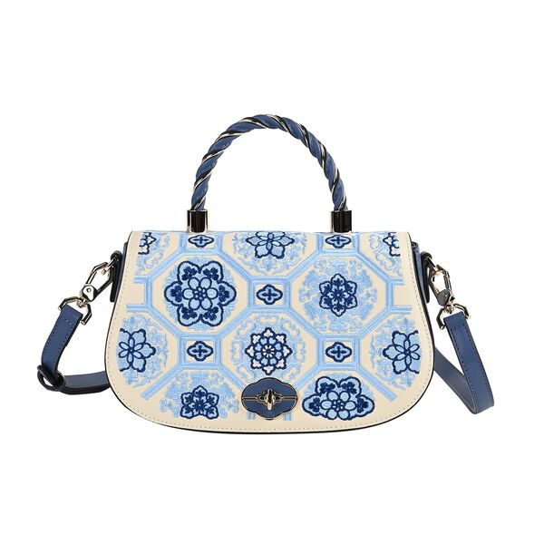 GRAND PELLE - Umh&auml;ngetasche aus echtem Leder mit Damast-Stickerei, mit Henkel und Schulterriemen, 23x9x13 cm, Schwarz