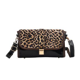 Chaos by Elsie - Echtleder Crossbody Tasche mit RFID, Leopardenmotiv Klappe, 2 Außenfächer mit Reißverschluss, 28 x 10 x 18 cm, Schwarz