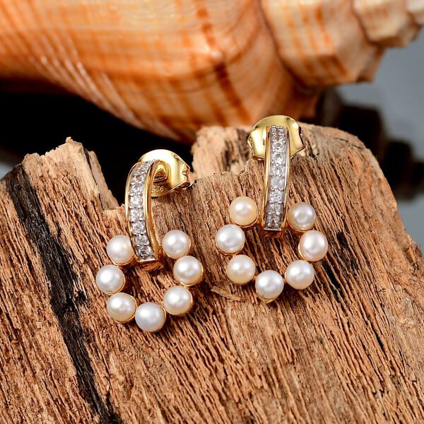 Süßwasser Perle, Weißer Zirkon Ohrringe Messing 750 Gelb Vergoldet image number 2