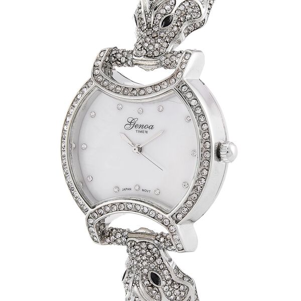 GENOA TIME V2 Kristall Uhr mit japanischem Miyota-Uhrwerk und schwarzem Lederarmband in Silberton, 24cm image number 3