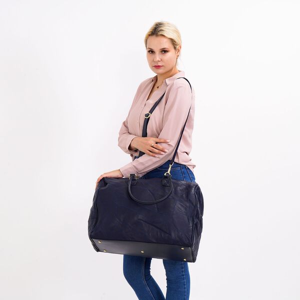 Stylische Patchwork-Reisetasche aus Schafsleder, blau  image number 2