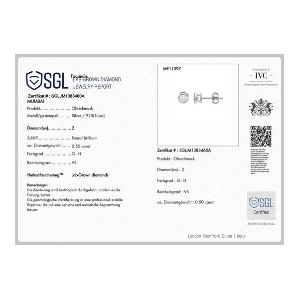 LUXURIANT SGL zertifizierte VS-GH Labor Diamant Ohrringe in rhodiniertem 925 Silber - 0,50 ct. image number 5