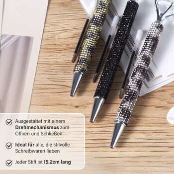 Kugelschreiber-Set, 3er-Pack, Schwarz, Leoparden-Design, Strass und Kristall, inkl. Ersatzminen