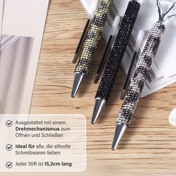Kugelschreiber-Set, 3er-Pack, Schwarz, Leoparden-Design, Strass und Kristall, inkl. Ersatzminen image number 4