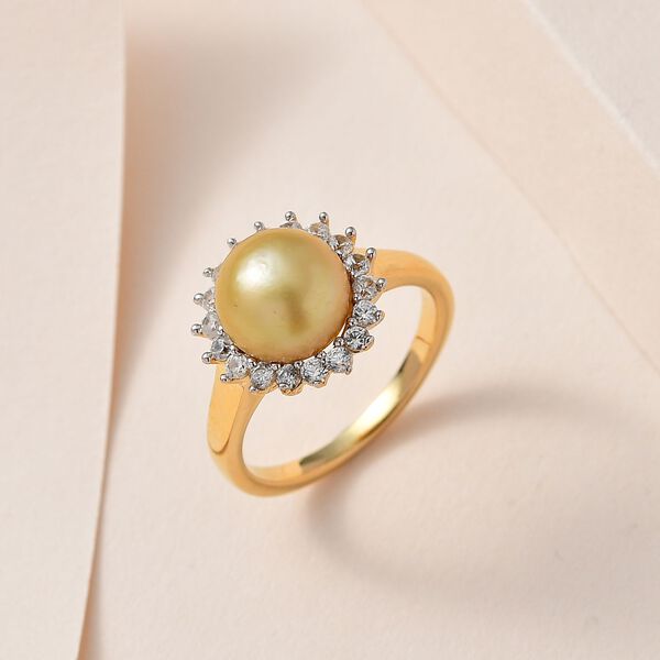 Goldene Südsee Perle, Weißer Zirkon Ring, (9-11mm), 925 Silber Gelbgold Vermeil (Größe 16.00) image number 2