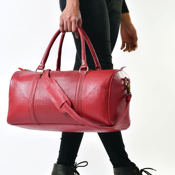 2er-Set -100% Echtleder 44x20,32x22,86cm Reisetasche und 20,32x3,82x24,13cm Crossbody Tasche, Krokoprägung, Rot image number 3