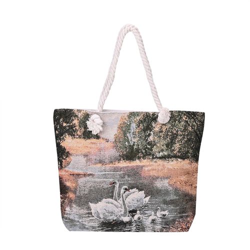 Große Lifestyle-Tragetasche Beige mit Lippen-Print - Jute-Außenseite, 42x34x9x37cm