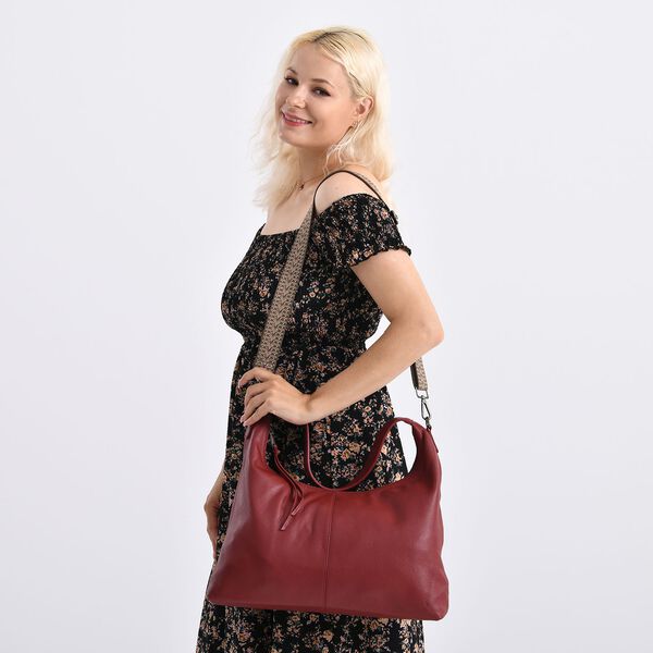 Echtleder-Hobo-Bag mit abnehmbarem Schulterriemen, 41x10x35 cm, Weinrot image number 1