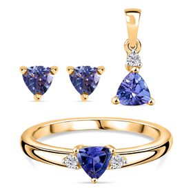 3er Set - D'Joy Tansanit Ohrringe, Ring und Anhänger, 925 Silber vergoldet (Größe 21.00) ca. 1.15 ct