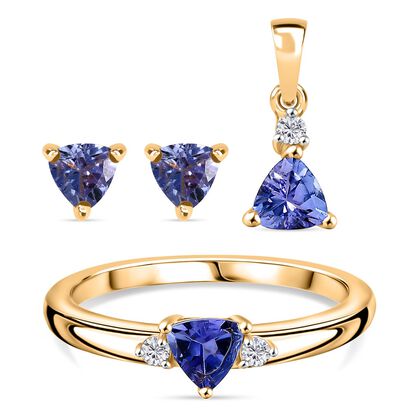 3er Set - D'Joy Tansanit Ohrringe, Ring und Anh&auml;nger, 925 Silber vergoldet (Gr&ouml;&szlig;e 21.00) ca. 1.15 ct