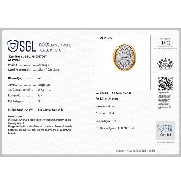 LUXURIANT SGL zertifizierter SI-GH Labor Diamant Anh&auml;nger mit 50cm Kette, 925 Silber Gelbgold Vermeil - 0,50 ct. image number 5