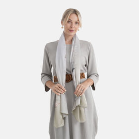 LA MAREY Signature Set mit Seidenschal und Seidentropfen-Ohrringen, 100% Maulbeerseide, 65 x 170 cm, Perlgrau mit Beige