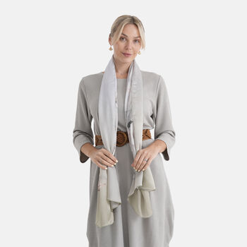 LA MAREY Signature Set mit Seidenschal und Seidentropfen-Ohrringen, 100% Maulbeerseide, 65 x 170 cm, Perlgrau mit Beige