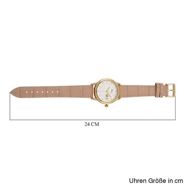 GENOA - Automatik-Armbanduhr mit Herz-Design und Datumsanzeige, Dandong-Uhrwerk, Wei&szlig;es Zifferblatt, Goldfarben, Helltaupes Lederarmband, 36 mm image number 7