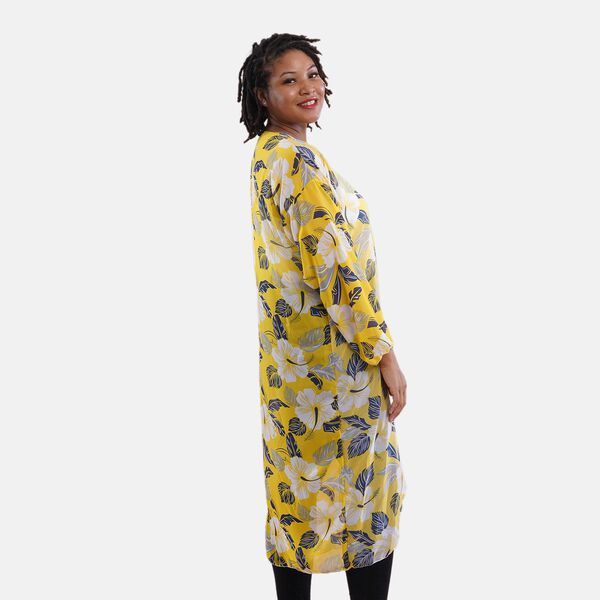 Gemusterter Chiffon Cardigan, One Size, Blattmuster, Gelb image number 3