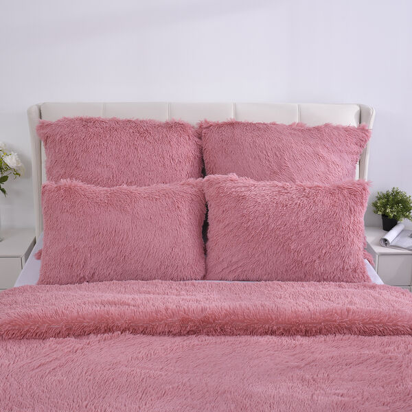 SERENITY NIGHT: 3er-Set - Überwurf und 2 Kissenbezüge aus Kunstfell, Rosa image number 2