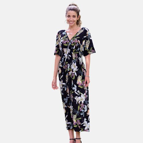 Gesmoktes Maxi-Kleid, Blumenmuster, Schwarz image number 1