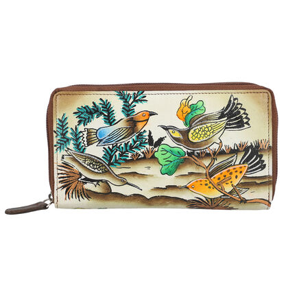 Sukriti - handbemalte Brieftasche aus echtem Leder mit RFID Schutz, Vogel und Blattmuster