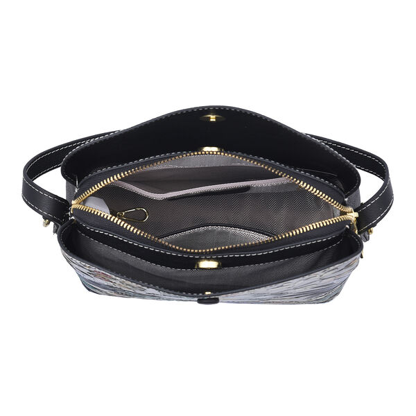 Crossbody Tasche aus 100% echtem Leder, Blumenmuster, Gr&ouml;&szlig;e 22x11x18 cm, Schwarz image number 4