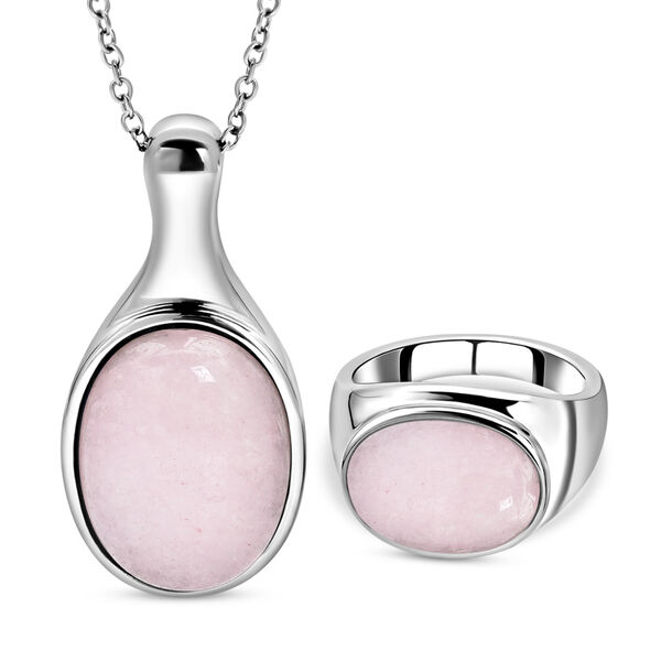 2er-Set, Rosenquarz Solit&auml;r Ring und Anh&auml;nger mit Kette in Silber, 27,00 ct.
