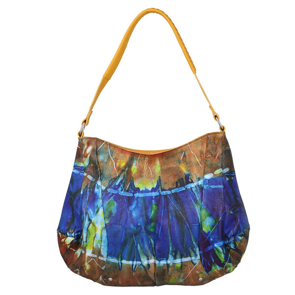 SUKRITI: Handbemalte Hobo-Tasche aus 100% Leder, Tie-Dye Druck, Blau-Orange-Braun&nbsp;