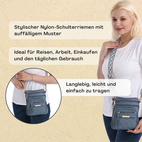 Crossbody-Tasche mit mehreren Reißverschlussfächern und gemustertem Gurt, 19x22cm, Grau image number 3