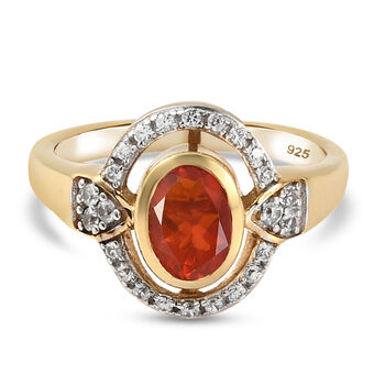 Mexikanischer Kirschfeuer-Opal und Zirkon Ring 925 Silber vergoldet (Gr&ouml;&szlig;e 16.00) ca. 0,83 ct