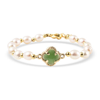 S&uuml;&szlig;wasser Perle, gr&uuml;n Glas Armband ca. 15+3 cm in goldfarben