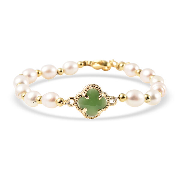 S&uuml;&szlig;wasser Perle, gr&uuml;n Glas Armband ca. 15+3 cm in goldfarben