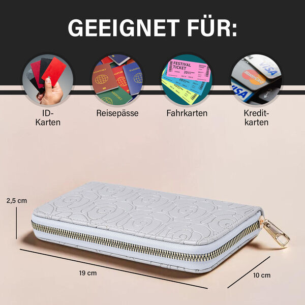 Lange Brieftasche aus naturfreundlichem Kunstleder, 19x2.5x10cm, florales Muster, silber image number 3