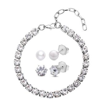 3er Wei&szlig;e Muschelkernperle, Wei&szlig;er Kristall Schmuckset Edelstahl, Messing