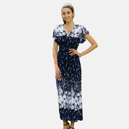 Gesmoktes Maxi-Kleid, Blumenmuster, Dunkelblau image number 0