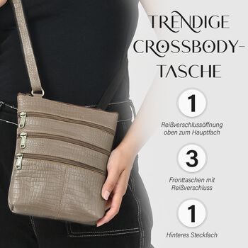Echtleder Crossbody Tasche mit Kroko-Pr&auml;gung, Taupe