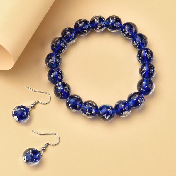 2er Set - Murano-Glasperlen Design, flexibles Armband und Ohrringe, Reiner Edelstahl, Blau image number 1