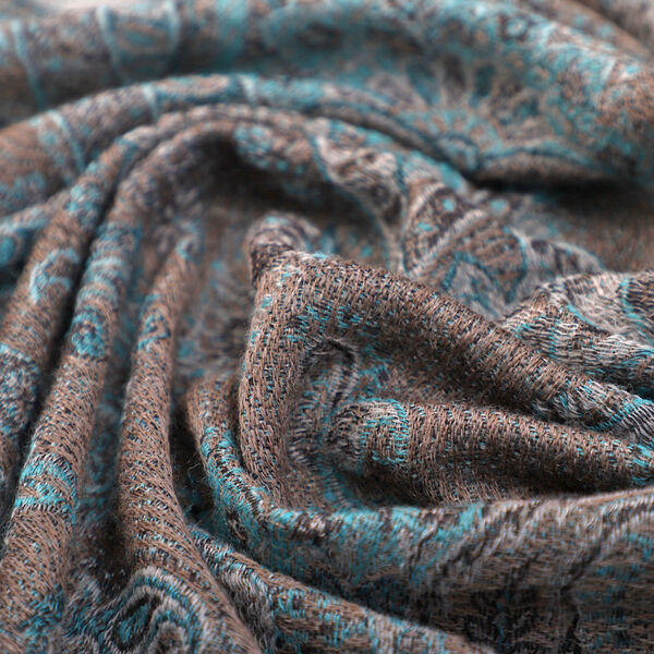 Premium Kollektion - gewebter Schal, Natur Seide und Wolle, Jamawar Design, 70x200 cm, Dunkelblau image number 6