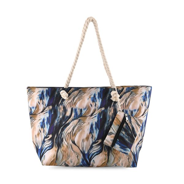 Leopardenmuster Shopper Set 2-teilig Gro&szlig;e Tragetasche 56 x 36 x 16 cm mit Rei&szlig;verschluss Etui 15 x 12 cm, Cremeblau