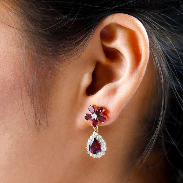 Rhodolith Granat und floraler Zirkon-Halo-Ohrh&auml;nger, 925 Silber vergoldet, 6,57 ct. image number 3