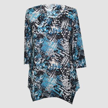 Bedrucktes Longline-Top f&uuml;r Damen, Grau und Blau, Gr&ouml;&szlig;e: L