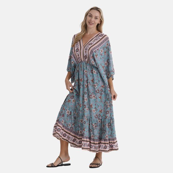 " 1.100% Viscosse Plain Weave 2. Placement Print 3. Elastic Waist 4. Kimono Style Sleeves 5. Teired Hem 6. Back Tie ClosureMaterial :100% viscosebust 38CM*length 135CM bust(EXTENDED)62CM Weight:320g Color:blue  base with print " image number 3