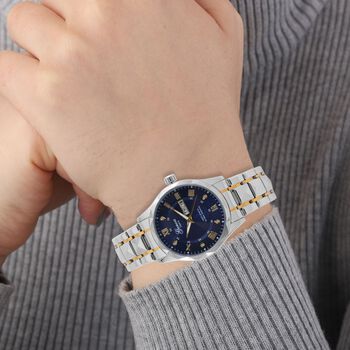 GENOA Kristall Quarzuhr, Blaues Zifferblatt, Edelstahlarmband, Bicolor