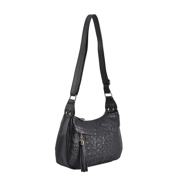 Crossbody Handtasche aus 100% echtem Leder mit Krokoprägung, Schwarz image number 7
