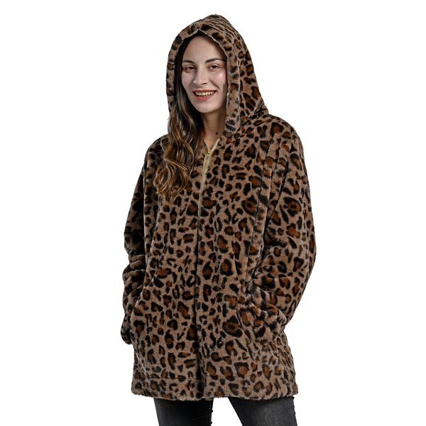 LA MAREY - Kunstfell Wintermantel mit Kapuze, Leopardenmuster, Gr&ouml;&szlig;e M, Braun  image number 4