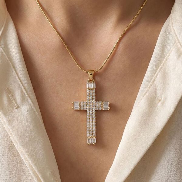 Wei&szlig;e Zirkonia Kreuz-Halskette, 52+5cm, vergoldet image number 2