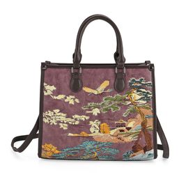 Bestickte Crossbody Tasche, Kunstleder, Blumen Design, 32 x 12 x 25 cm, Dunkelviolett