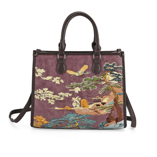 Bestickte Crossbody Tasche, Kunstleder, Blumen Design, 32 x 12 x 25 cm, Dunkelviolett image number 0