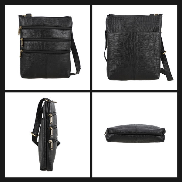 Echtleder Crossbody Tasche mit Kroko-Pr&auml;gung, Schwarz image number 7