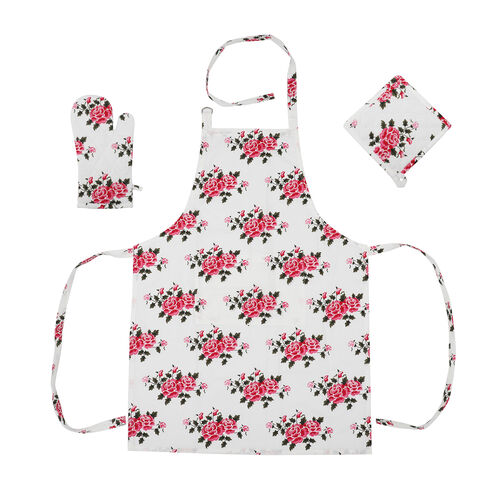 100% Baumwolle Küchen-Set, Schürze, Handschuh und Topflappen, Blumen, Rote Rosen, 3 teilig image number 0