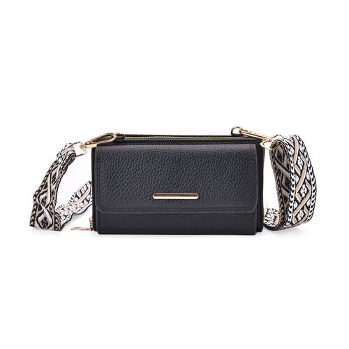 Crossbody-Tasche mit Klappfach, gemustertem Trageriemen und RFID-Schutz - 19x5x11 cm, Schwarz image number 0