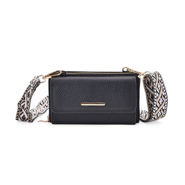 Crossbody-Tasche mit Klappfach, gemustertem Trageriemen und RFID-Schutz - 19x5x11 cm, Schwarz image number 0